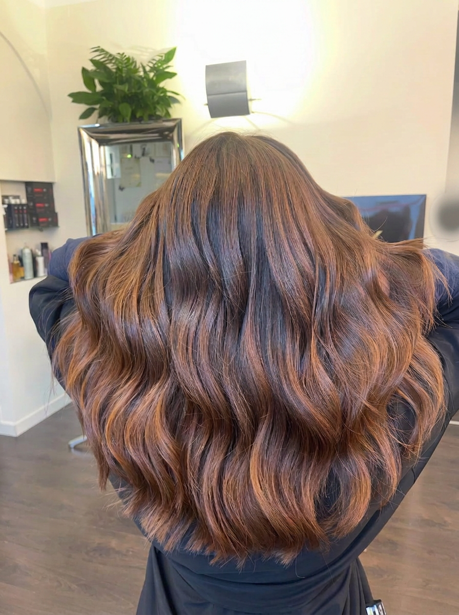 Capelli castani con meches dal retro
