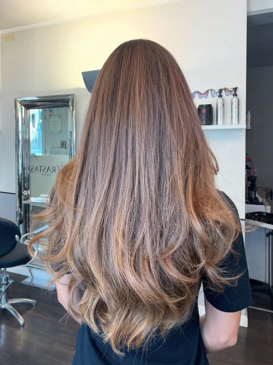 Capelli castani con meches nel salone